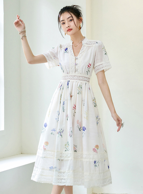 【限时直降】伊华欧秀白花色夏季短袖蕾丝V领连衣裙42KAQ4773