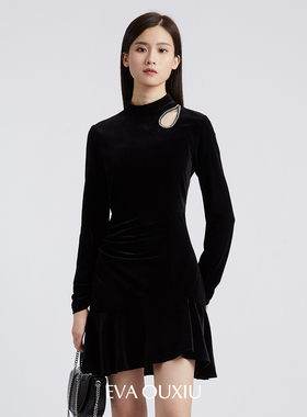 【限时直降】伊华欧秀丝绒连衣裙显瘦年会礼服小黑裙E35ZQ0978