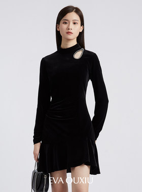 【限时直降】伊华欧秀丝绒连衣裙显瘦年会礼服小黑裙E35ZQ0978
