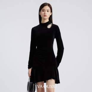 【直降】伊华欧秀丝绒连衣裙显瘦年会礼服小黑裙E35ZQ0978