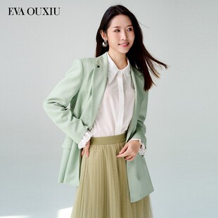 伊华欧秀绿色长袖 直筒型纽扣醋纤西装 外套E31AS9729 限时直降