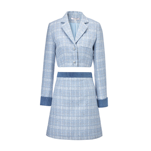 蓝色外套短裙两件套550TZ0021 伊华欧秀小香风套装 限时直降