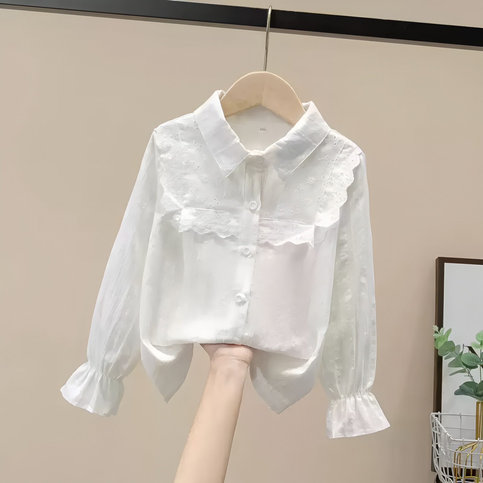 女童春秋衬衫2025新款韩版薄款长袖白色衬衣中大童蕾丝纯棉打底衫