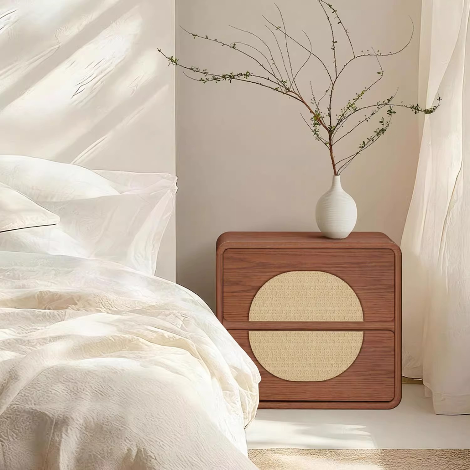 高级床头柜实木藤编复古2025爆款