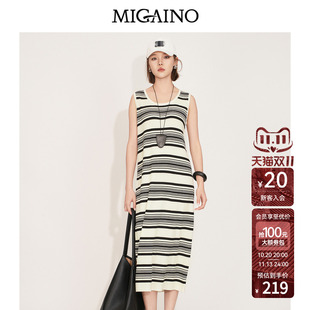 Migaino曼娅奴女装2026夏季新款圆领条纹修身显瘦针织连衣裙