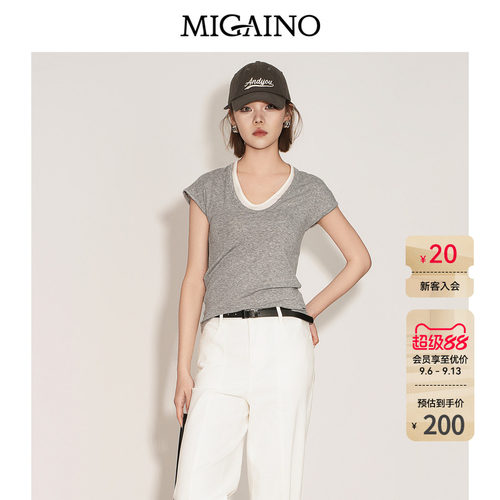 Migaino曼娅奴女装2026夏季新款设计感拼接假两件薄款短袖T恤