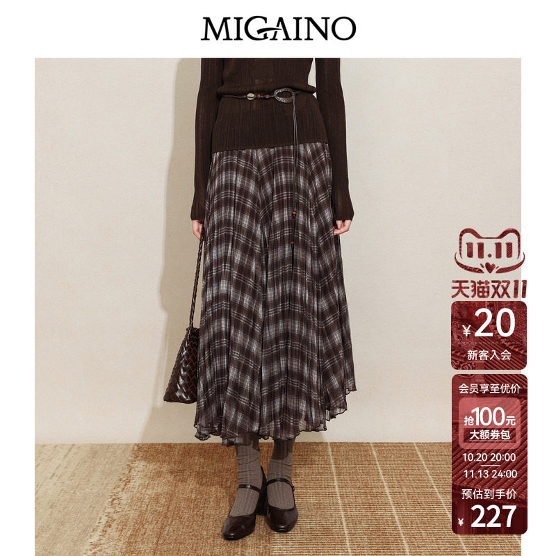 Migaino曼娅奴女装2026年秋季新款时尚复古风高腰休闲格子半身裙