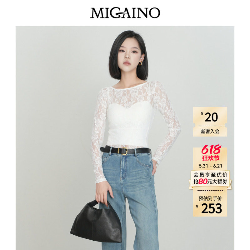 Migaino曼娅奴女装秋季新款时尚显瘦性感风透视蕾丝打底衬衫