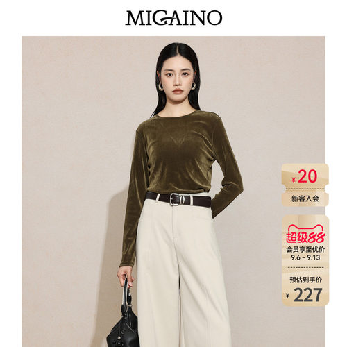 Migaino曼娅奴女装2026年秋季新款轻熟风丝绒蕾丝拼接长袖T恤