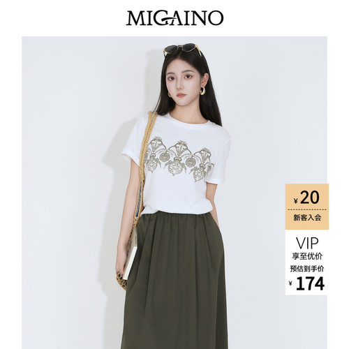 Migaino曼娅奴女装2026年秋季新款复古风个性印花正肩百搭短袖T恤
