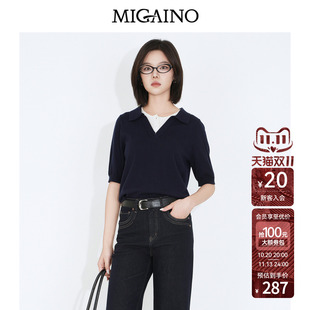 Migaino曼娅奴女装2026秋季新款复古休闲风翻领假两件套头针织衫