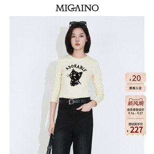 Migaino曼娅奴女装2026年秋季新款圆领卡通猫咪植绒印花长袖T恤