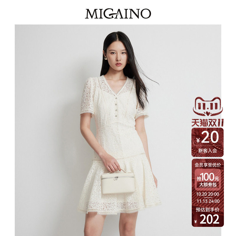 Migaino曼娅奴女装春夏新款收腰显瘦裙子法式气质蕾丝连衣裙