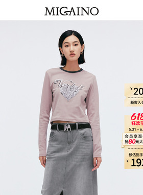 Migaino曼娅奴女装春新款气质感正肩印花长袖T恤MP12RC022