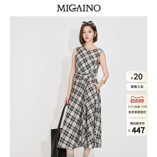 Migaino曼娅奴女装2026夏季新款无袖背心裙子复古黑白格子连衣裙