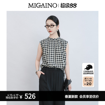 Migaino曼娅奴女装2026夏季新款复古风黑白格子无袖衬衫MQ22AE024
