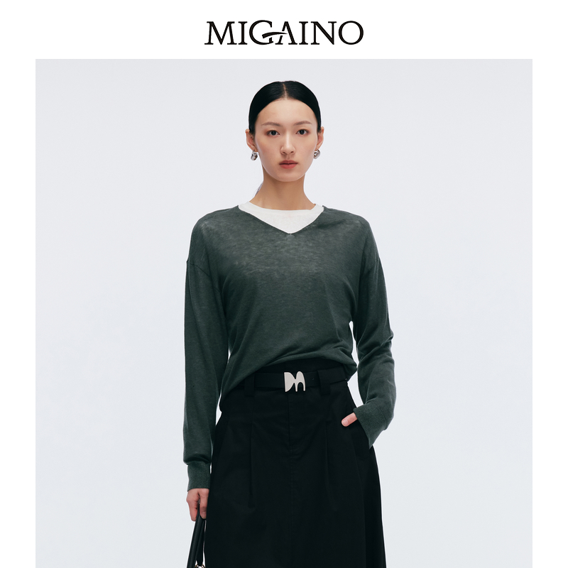 Migaino曼娅奴女装2025春季新款V领休闲时尚薄款毛衣MP12WH270