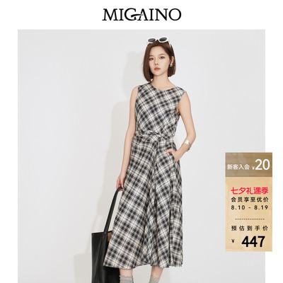 Migaino曼娅奴女装2026夏季新款无袖背心裙子复古黑白格子连衣裙