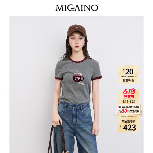 Migaino曼娅奴女装2026年夏季新款圆领卡通拼色正肩T恤MQ22RA014