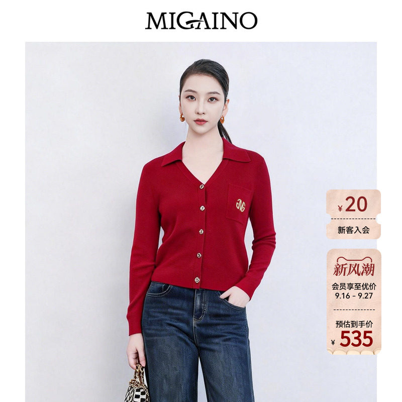 Migaino曼娅奴女装春季新款休闲百搭新年红色羊毛针织衫MQ12JK222图片
