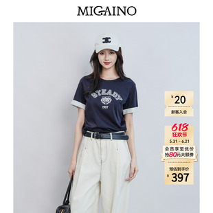 Migaino曼娅奴女装2026夏季新款经典版刺绣卷边短袖T恤MQ22RA012