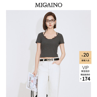 Migaino曼娅奴女装2026年夏季新款设计感蕾丝拼接轻熟风短袖T恤