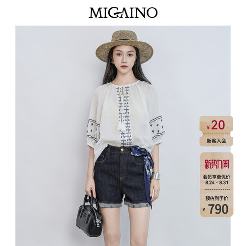 Migaino曼娅奴女装2026年夏季新款复古风刺绣五分袖衬衫MQ22AC021