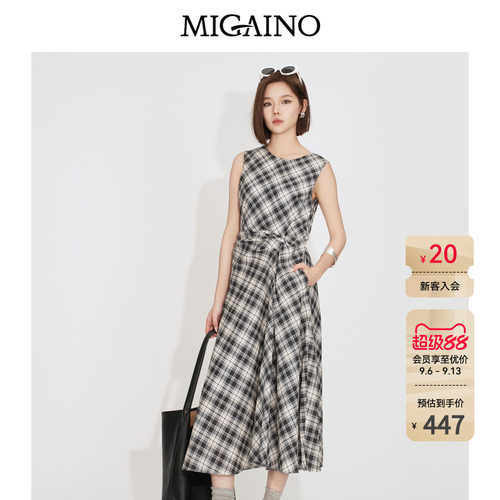 Migaino曼娅奴女装2026夏季新款无袖背心裙子复古黑白格子连衣裙