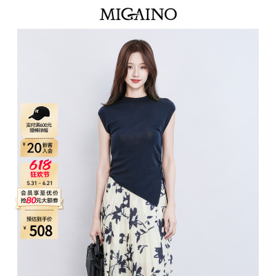 Migaino曼娅奴女装春季新款纯色圆领不规则显瘦针织衫MQ12KW248