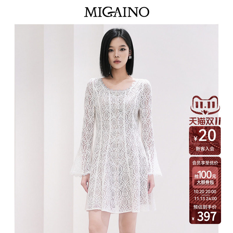 Migaino曼娅奴女装春季新款优雅轻奢高级感收腰蕾丝长袖连衣裙