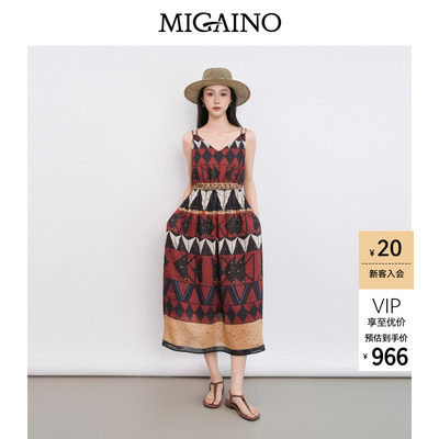 Migaino曼娅奴女装2026年夏季新款民族风印花吊带连衣裙MQ22DD068