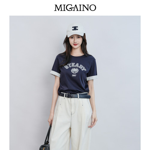 Migaino曼娅奴女装2026夏季新款经典版刺绣卷边短袖T恤MQ22RA012