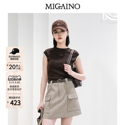 Migaino曼娅奴女装春季新款休闲风圆领拼接套头针织衫MQ12KW245
