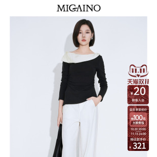 Migaino曼娅奴女装2026年秋季新款一字领设计感拼接优雅长袖上衣