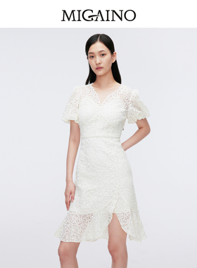 Migaino曼娅奴女装夏季新款优雅气质V领蕾丝连衣裙MO22DA122