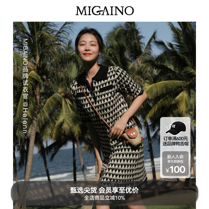 【博主同款】曼娅奴收腰心形图案连衣裙女秋polo领修身针织裙