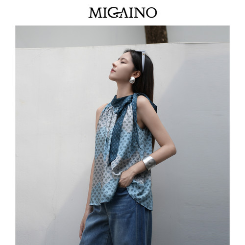 Migaino曼娅奴女装2026早秋新款设计感无袖飘带印花衬衫MQ32AE010