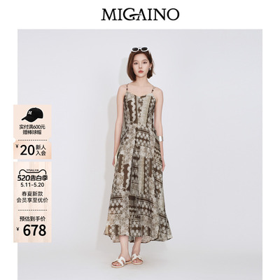 Migaino曼娅奴女装2026夏新款度假风复古印花吊带连衣裙MQ22DD019
