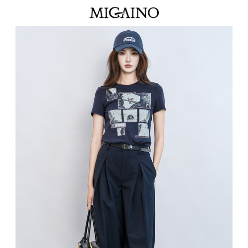 Migaino曼娅奴女装2026夏季新款时尚印花休闲正肩T恤MQ22RA010