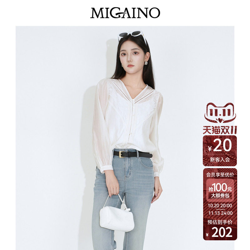 Migaino曼娅奴女装2026秋季新款优雅风薄款甜美蕾丝拼接白色衬衫