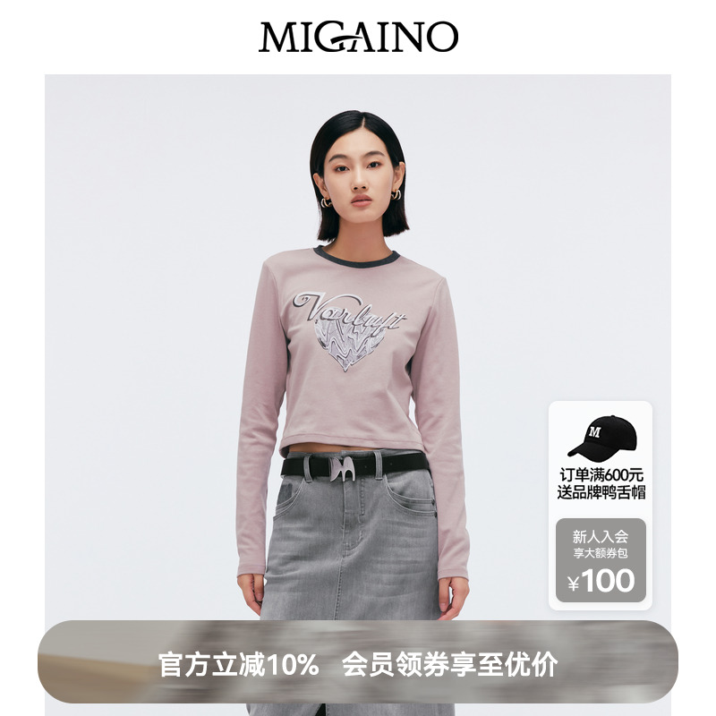 Migaino曼娅奴女装2025春新款气质感正肩印花长袖T恤MP12RC022