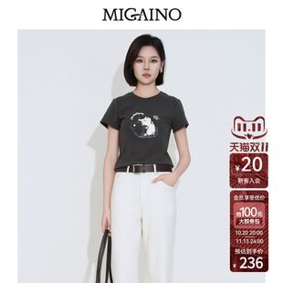 Migaino曼娅奴女装2026年夏季新款学院风可爱猫咪设计感亮片T恤