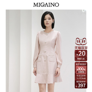 Migaino曼娅奴女装秋冬新款粉色优雅名媛轻奢荷叶边小香风连衣裙