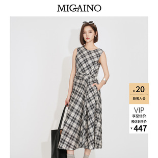 Migaino曼娅奴女装2026夏季新款无袖背心裙子复古黑白格子连衣裙