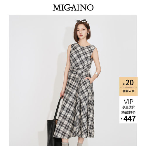 Migaino曼娅奴女装2026夏季新款无袖背心裙子复古黑白格子连衣裙