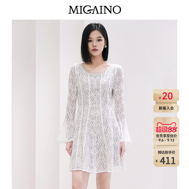 Migaino曼娅奴女装春季新款优雅轻奢高级感收腰蕾丝长袖连衣裙