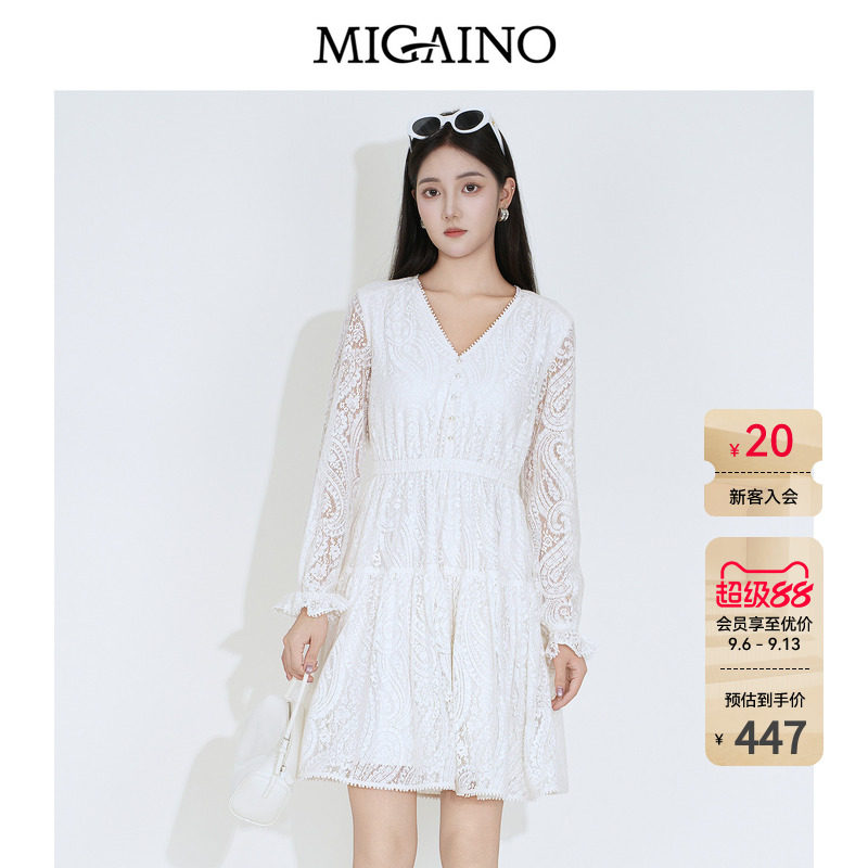Migaino曼娅奴女装2026年秋季新款高级感优雅蕾丝绣花长袖连衣裙