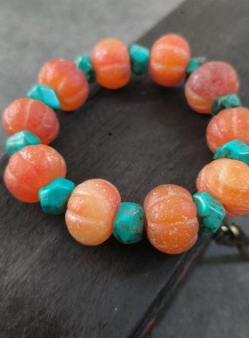 aqx7红玛瑙搭配绿松石南瓜珠古老造型橘色红肉风化包浆肉质漂亮