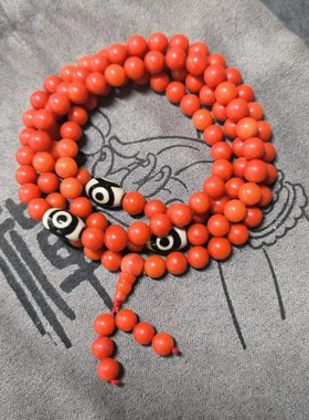 aqx7三眼天珠玛瑙搭配海竹珊珊108颗佛珠手串手链红色复古民族风