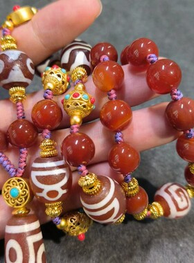 红玛瑙天珠项链财神三眼双虎牙